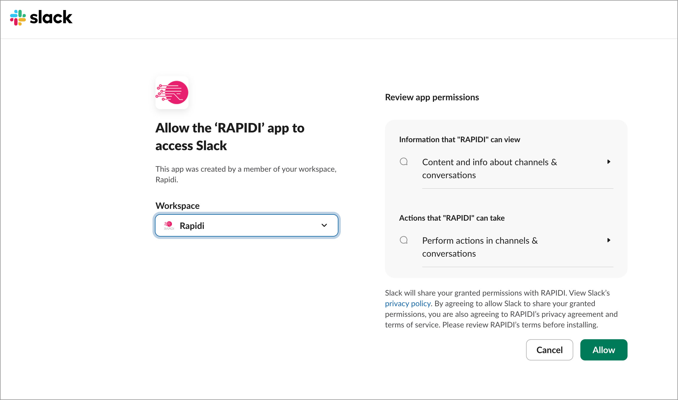 Slack Authorization Screen